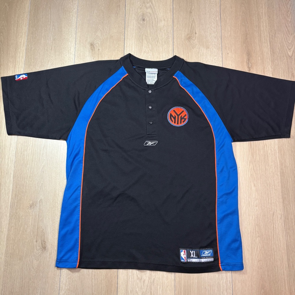 Reebok New York Knicks Y2K Shooting Shirt NBA Mens XL Black Blue Mesh Jersey